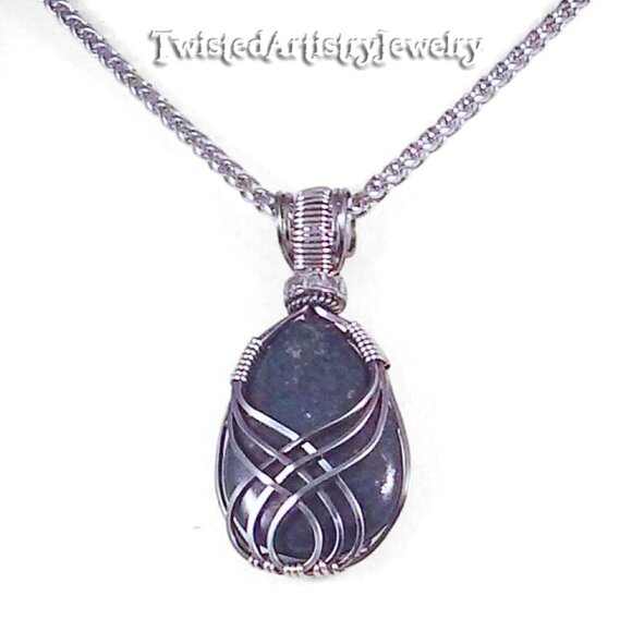 Blue Jasper Lotus Wire Wrapped Pendant Necklace - Picture 3 of 4